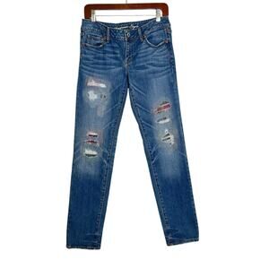 American Eagle Women's Size 10 Distressed Faded Patched Ripped Boho Skinny Jeans